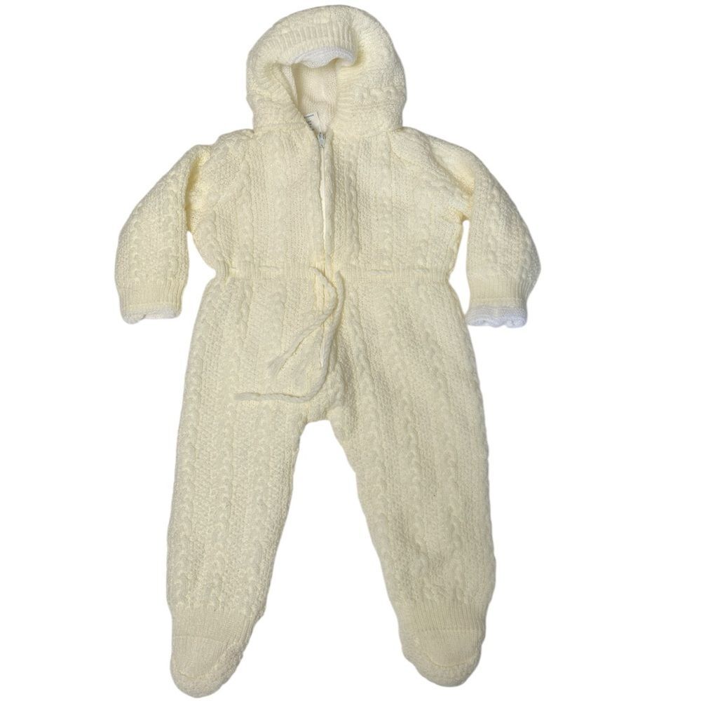 Vintage Baby Knit Bunting Snowsuit Cream Hooded One Piece Footed Romper Retro